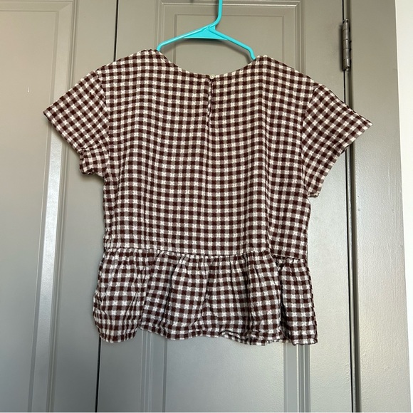 Madewell XS Medford Top in Textured Gingham Brown and White with Peplum Top - Picture 2 of 4